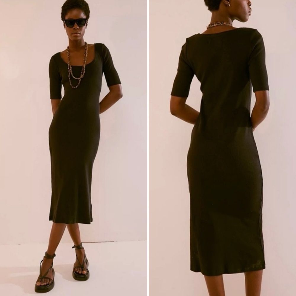 New FP Beach Avery Black Ribbed Midi Dress S